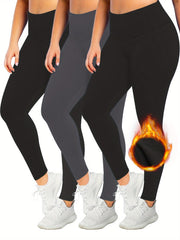 3 Pack Plus Size Casual Leggings Set Women's Plus Solid Liner Fleece
