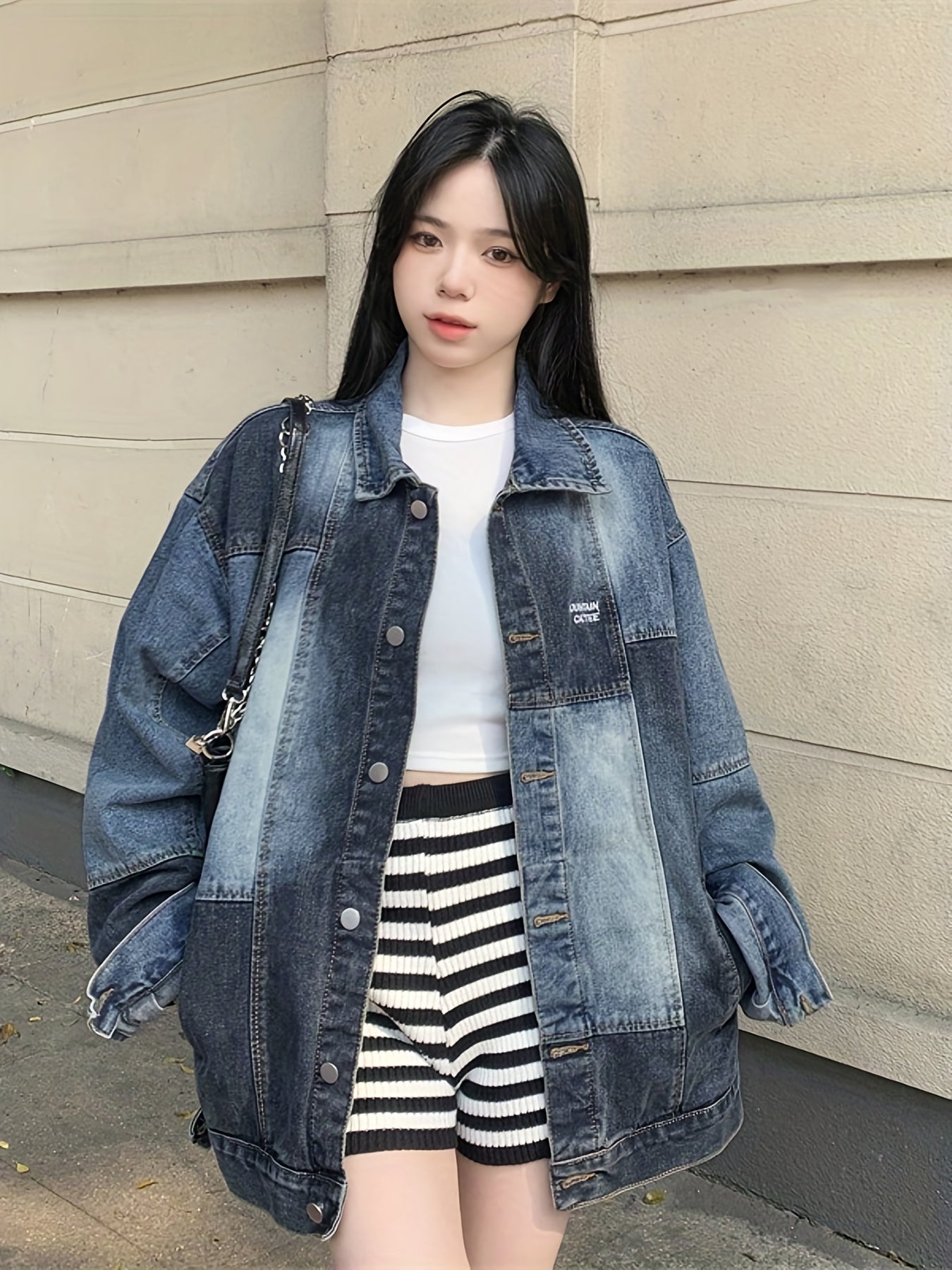 Women's Patchwork Lapel Denim Jacket Loose Fit Retro Style Coat