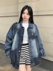 Women's Patchwork Lapel Denim Jacket Loose Fit Retro Style Coat