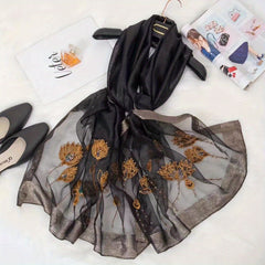 Silk Scarf Embroidered Beads Decorative Shawl Thin Sunscreen Shawl