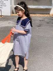 Girl's Plaid Princess Dress Puff Sleeve Button Up Summer Clothing