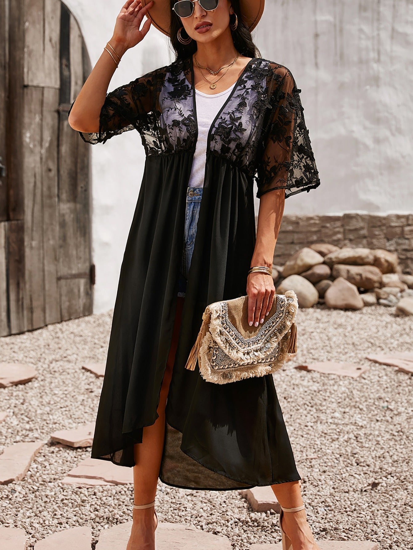 Floral Mesh Lace Crochet Cardigan Kimono Beach Cover Up Long Dress