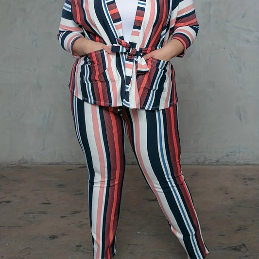 Colorblock Striped Kimono Cardigan & Leggings Set