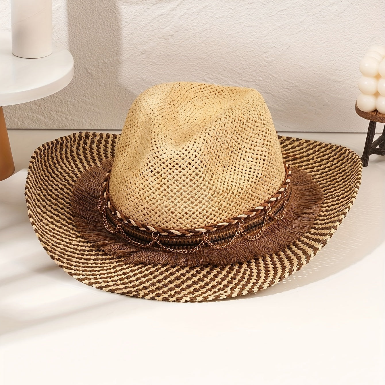 Gradient Jazz Cowboy Hat Vintage Western Straw Sun Hat Hollow Out Breathable Cla
