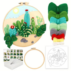 Wool Felting Painting Kit Cactus Flowers Embroidery Frame Diy Felt Crafts