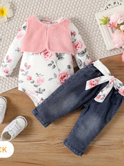 Baby Girls' Autumn Flower Printed Romper Jeans Set