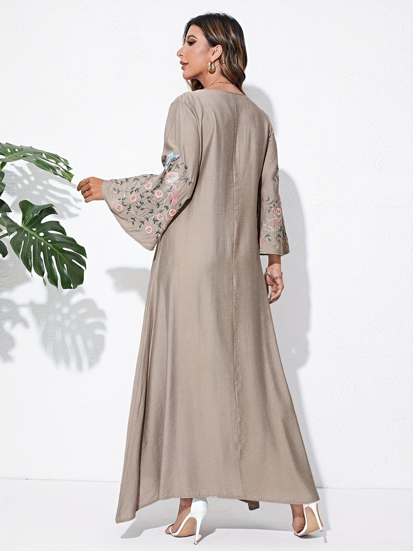 Floral Embroidered Maxi Dress with Flare Sleeves