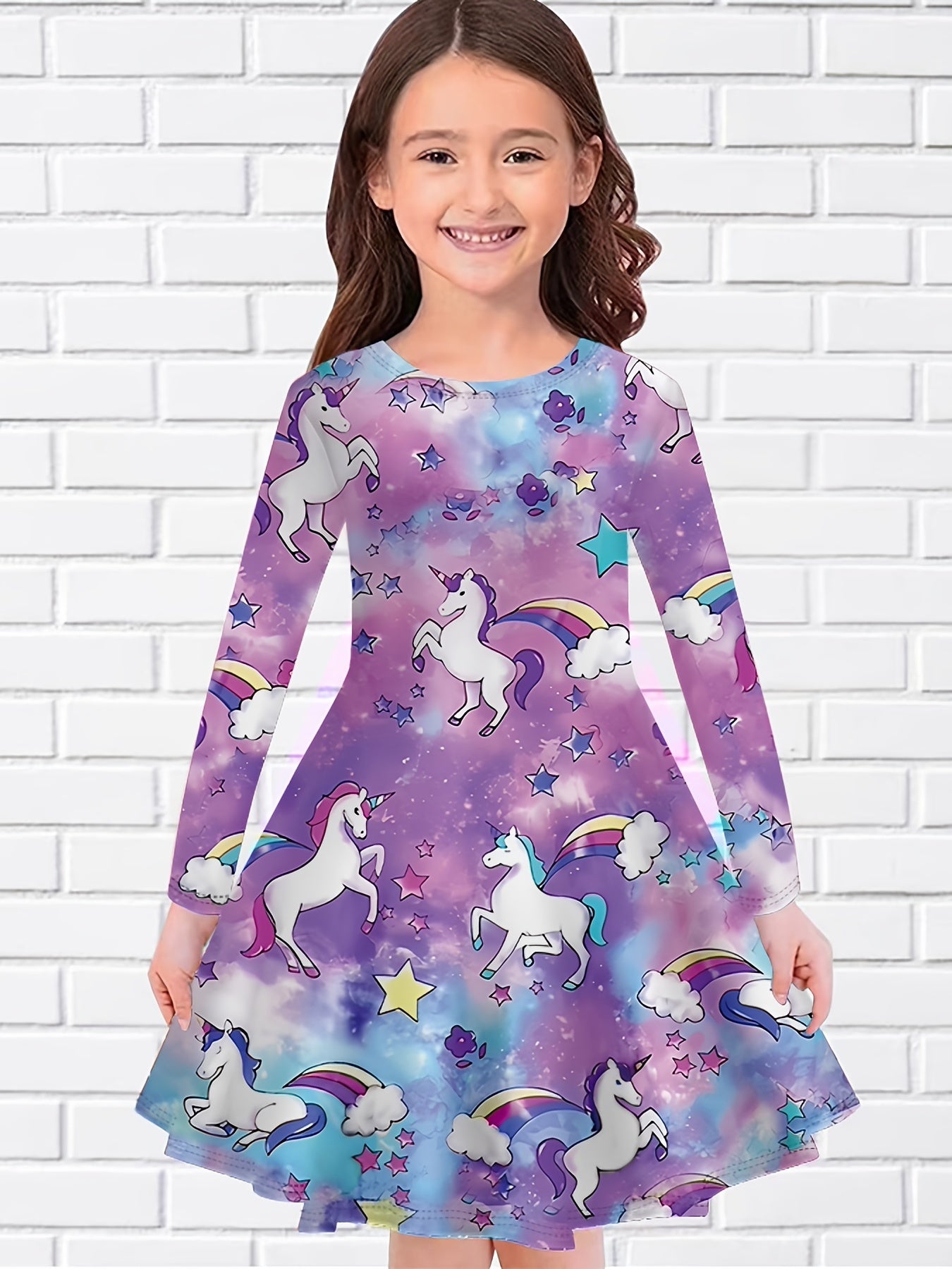 Girls 3D Rainbow Unicorn & Star Print Dress For Party Kids Gift