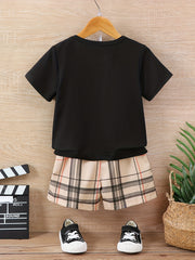 Boys Dad Me Bear Graphic Outfit Short Sleeve Tee & Plaid Sho