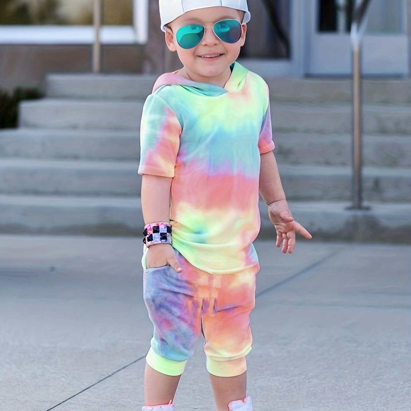 Boys Teen Tie Dye Hooded T-Shirt & Shorts Set for Summer