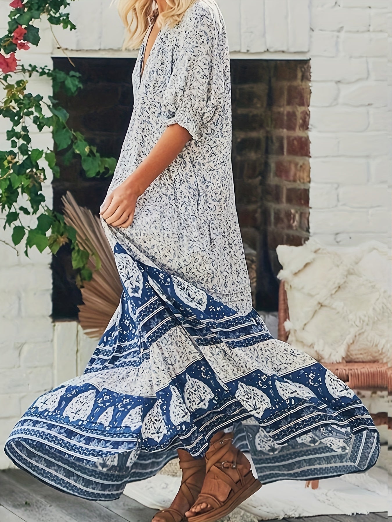 Ditsy Print Puff Sleeve Maxi Dress