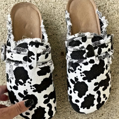 Cow Pattern Canvas Skate Shoes Slip On Slide Retro Flat Loafer