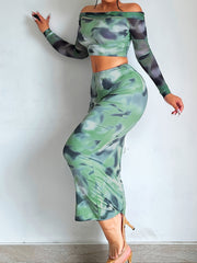 Tie Dye Two Piece Skirt Set Off Shoulder Crop Top & High Waist Bodycon Skirt