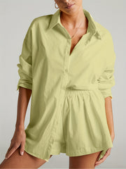 2-Piece Set: Long Sleeve Shirt & Elastic Waist Shorts