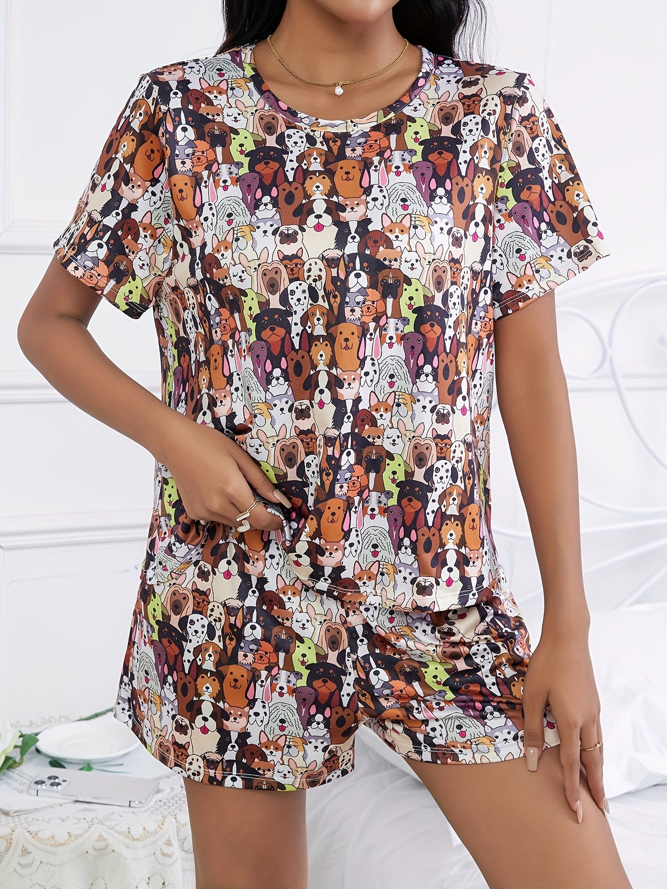 Cartoon Animal Print Pajama Set Short Sleeve Top & Shorts