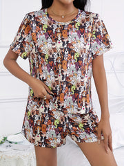 Cartoon Animal Print Pajama Set Short Sleeve Top & Shorts