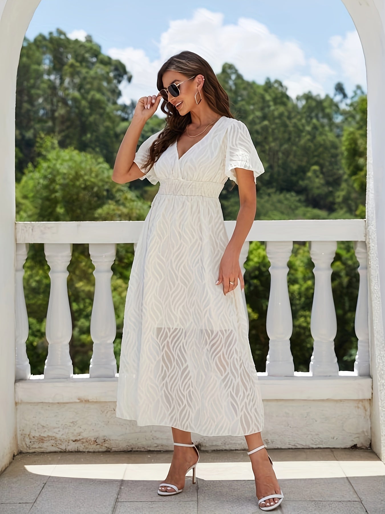 V Neck Midi Dress Flutter Sleeve Casual Party Dress