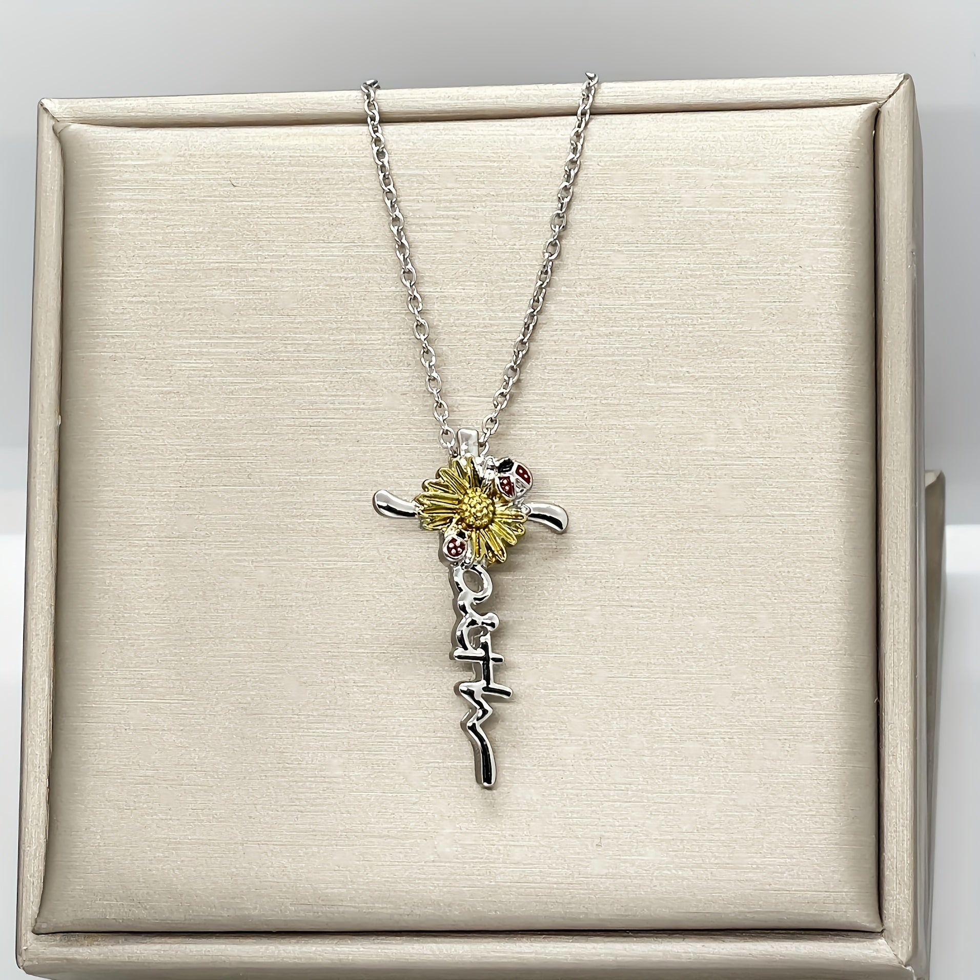 Sunflower Ladybug Decor Cross Pendant Necklace for Girls