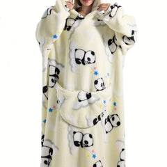 Panda Pattern Flannel Fleece Oversized Sherpa Hooded Wearable Blanket