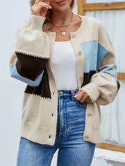 Women's Plus Colorblock Lantern Sleeve Button Up Cardigan