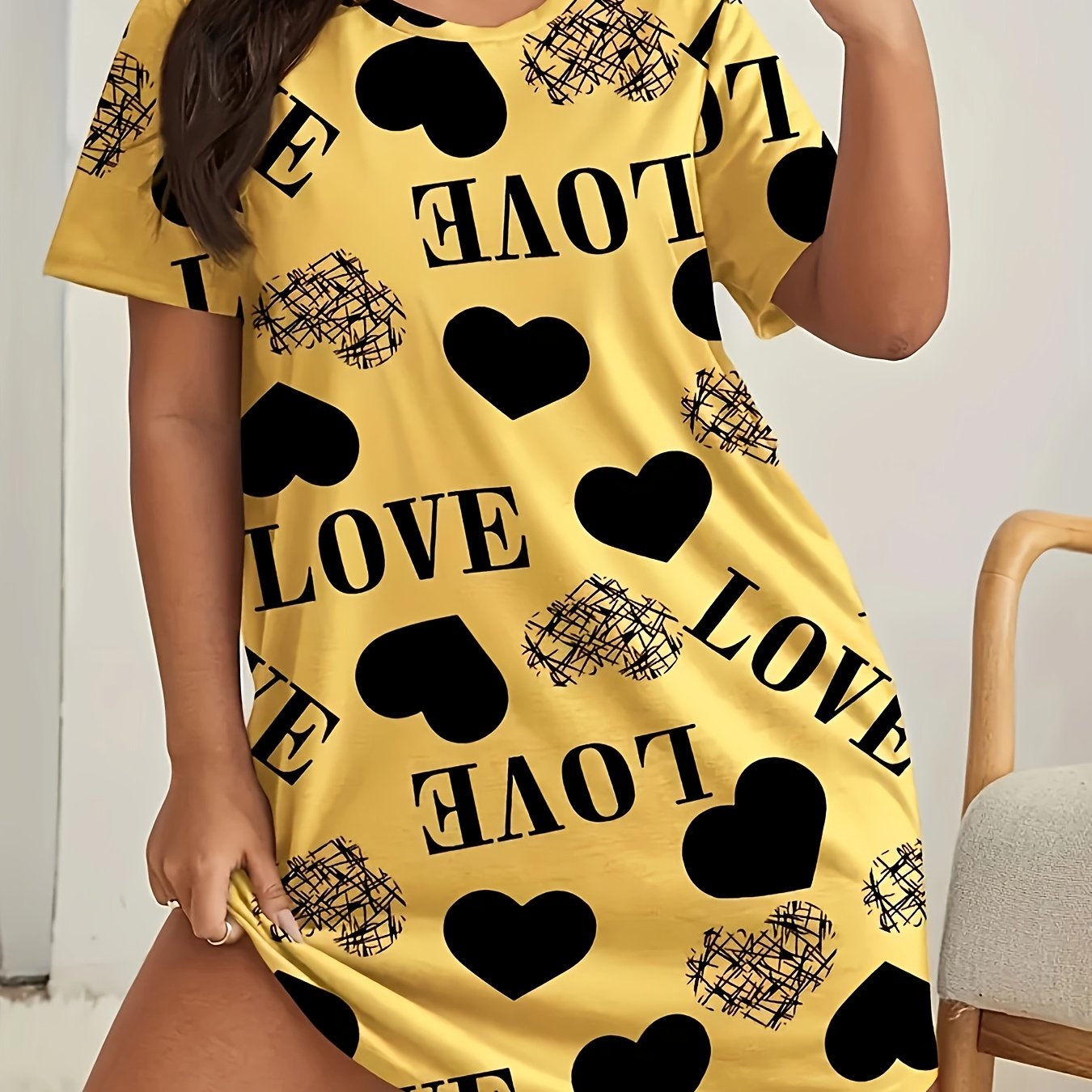 Heart & Letter Print Lounge Dress Short Sleeve Tee Nightdress