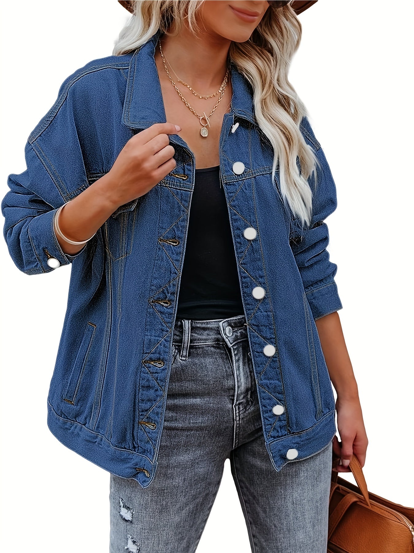 Women's Plus Denim Trucker Jacket Long Sleeve Button Up