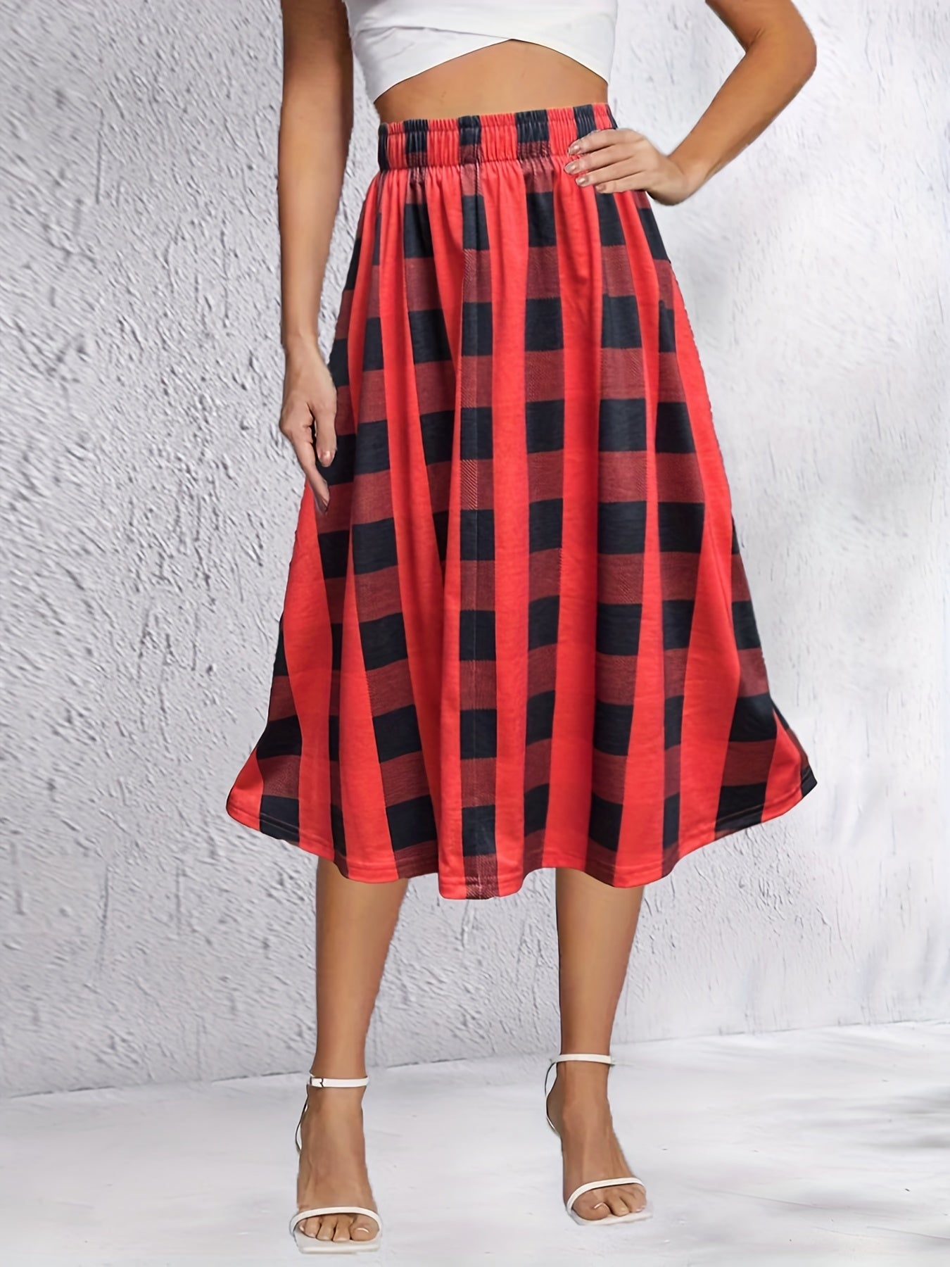 Plaid High Waist Skirt Casual Midi Skirt Spring Summer Women's