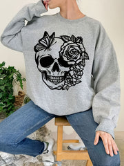 Rose Skull Print Loose Sweatshirt Casual Long Sleeve Crew Neck Women's Clothing