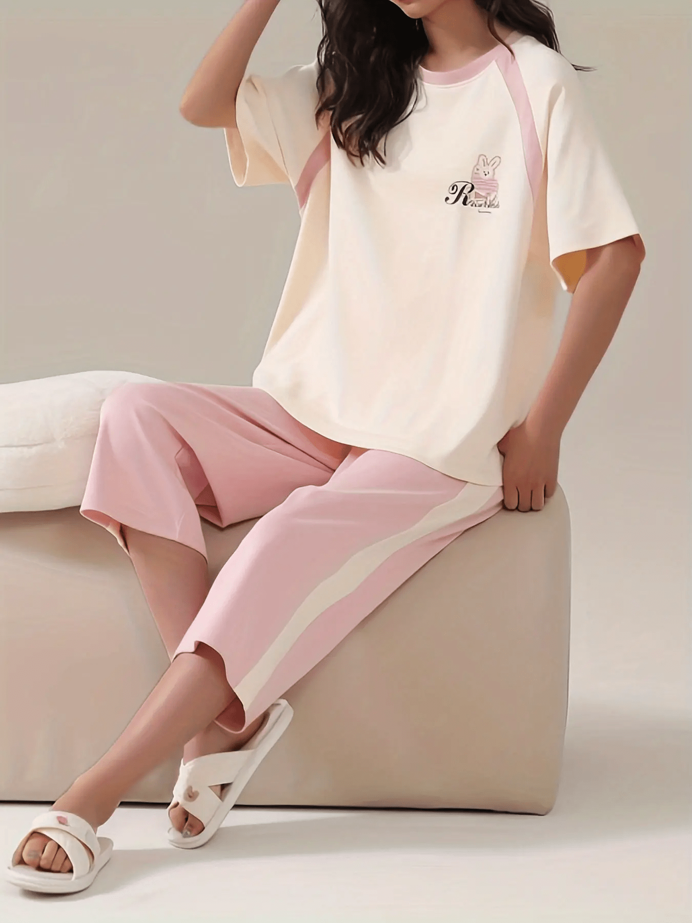Bunny Print Pajama Set Short Sleeve Crew Neck Top & Crop Pants