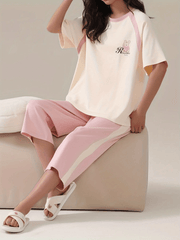 Bunny Print Pajama Set Short Sleeve Crew Neck Top & Crop Pants