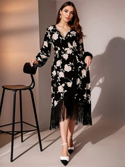 Women's Plus Floral Lantern Sleeve Fringe Dress