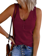 Ribbed Button Tank Top Casual Sleeveless V Neck Tank Top