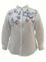 Women's Plus Butterfly & Floral Print Button Up Long Sleeve Blouse
