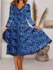 Women's Plus Floral Print Lace Trim Half Sleeve V Neck Dress