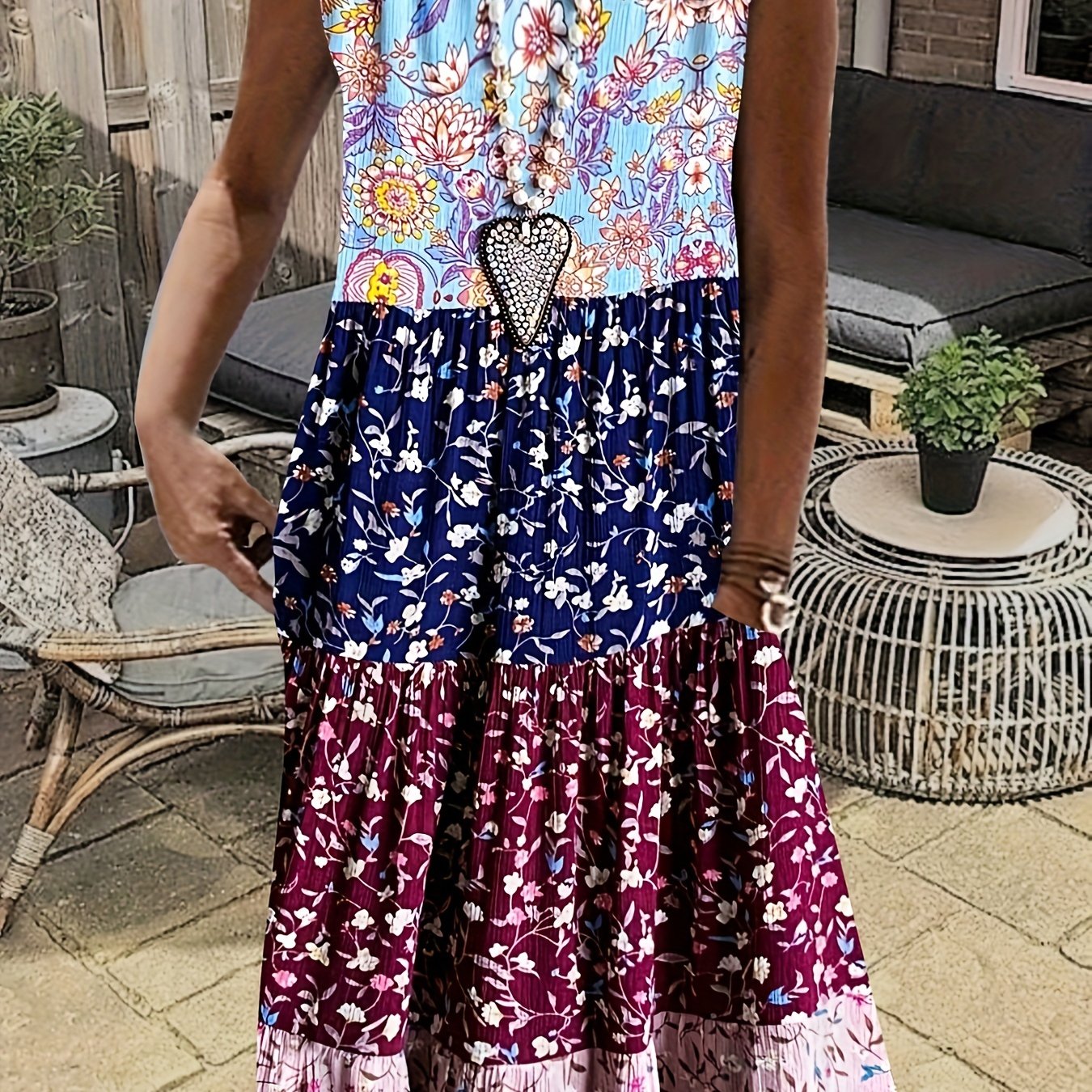 Colorblock Floral Print Midi Tank Dress