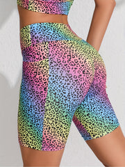 Rainbow Leopard Print Yoga Shorts High Waist Side Pockets Sports Shorts