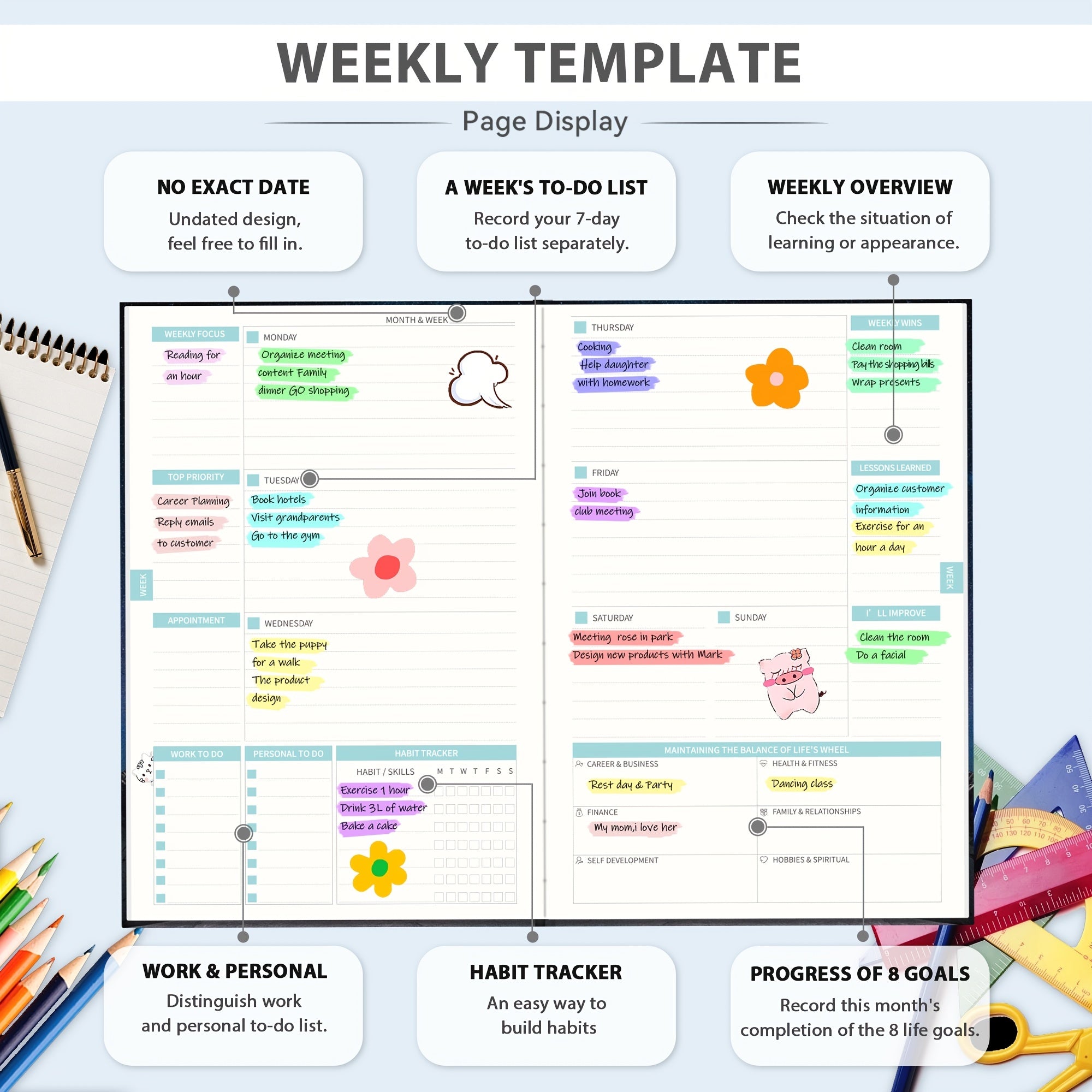 Undated Weekly & Monthly Planner Hardcover Organizer Notebook Achieve Goals