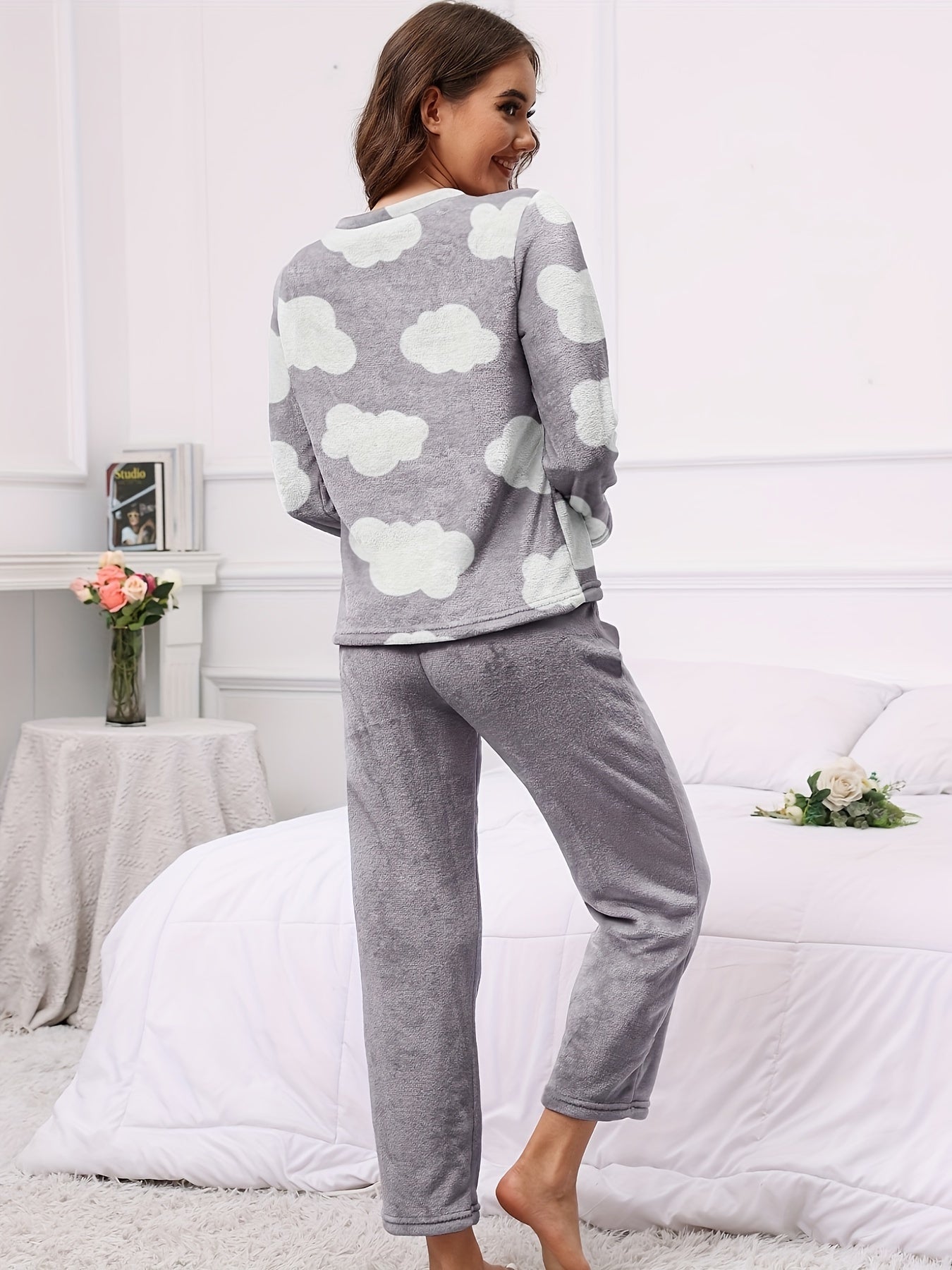 Cloud Print Pajama Set Long Sleeve Top & Flannel Pants