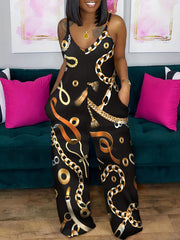 Chain Print V Neck Backless Wide Leg Plus Size Jumpsuit
