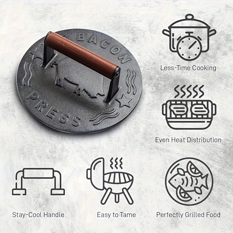 Cast Iron Grill Press with Wooden Handle