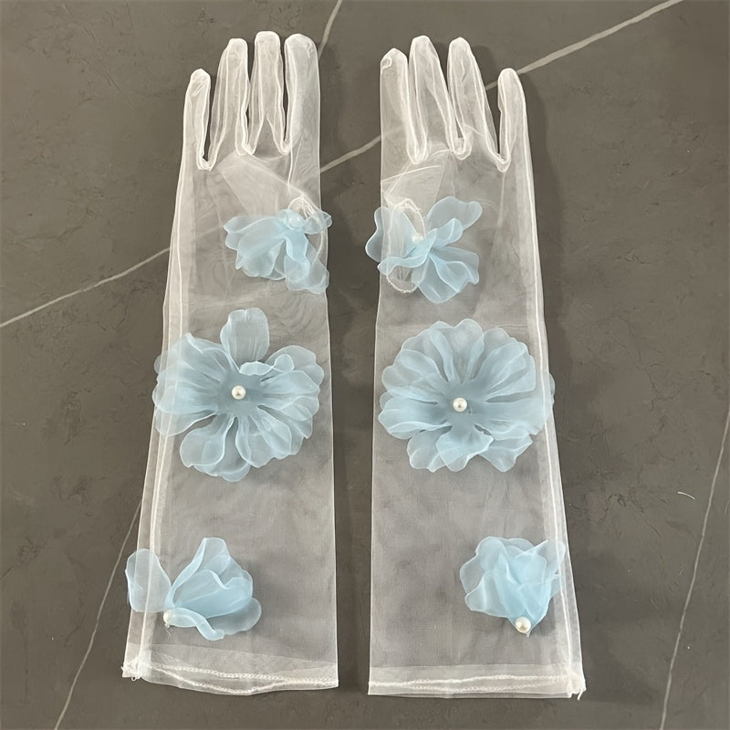 Transparent Floral Bridal Gloves with Pastel Flowers Wedding Party Formal Events