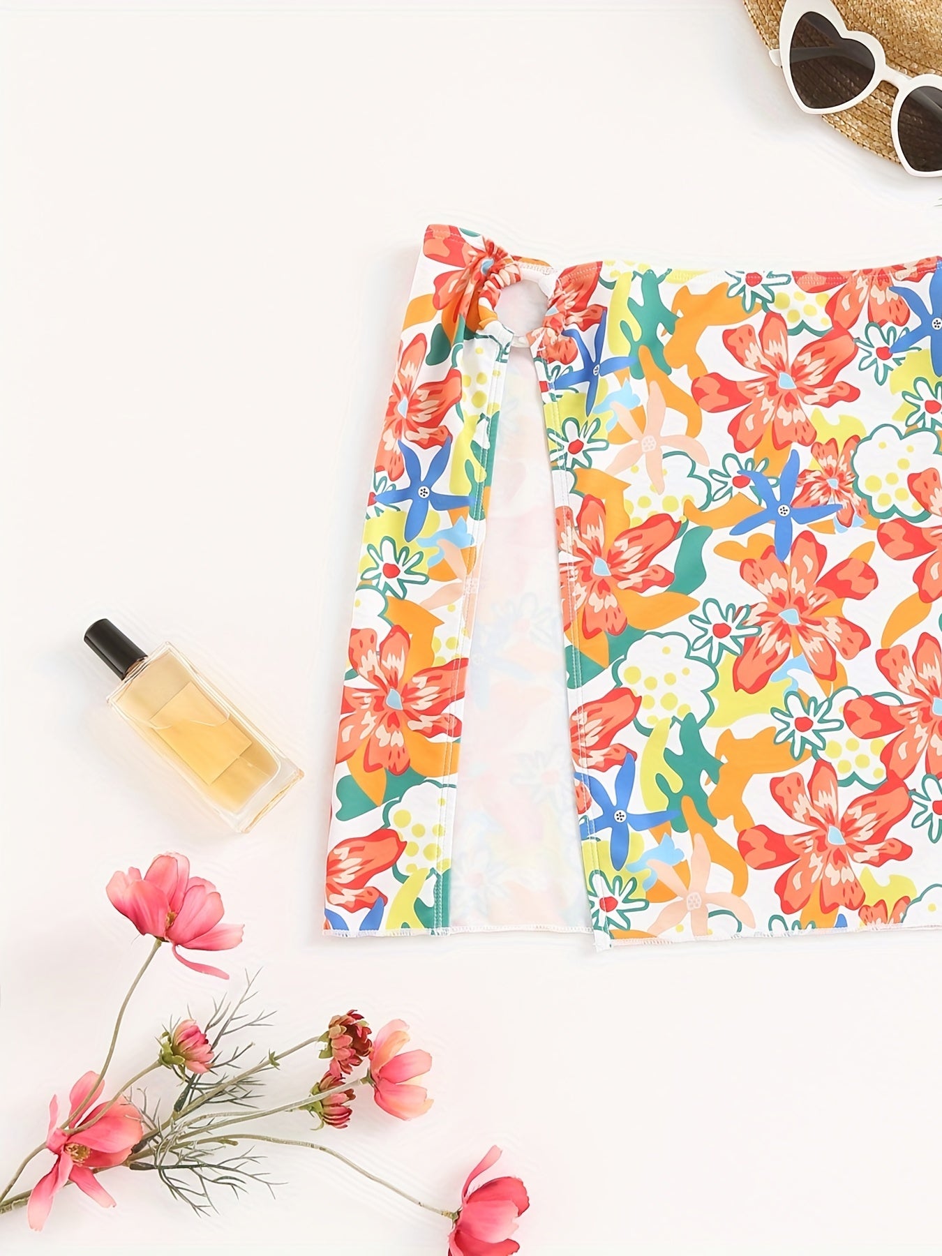 Floral Print Sexy Cover Up Skirt Ring Linked Split Beachwear Cover Up Skirt