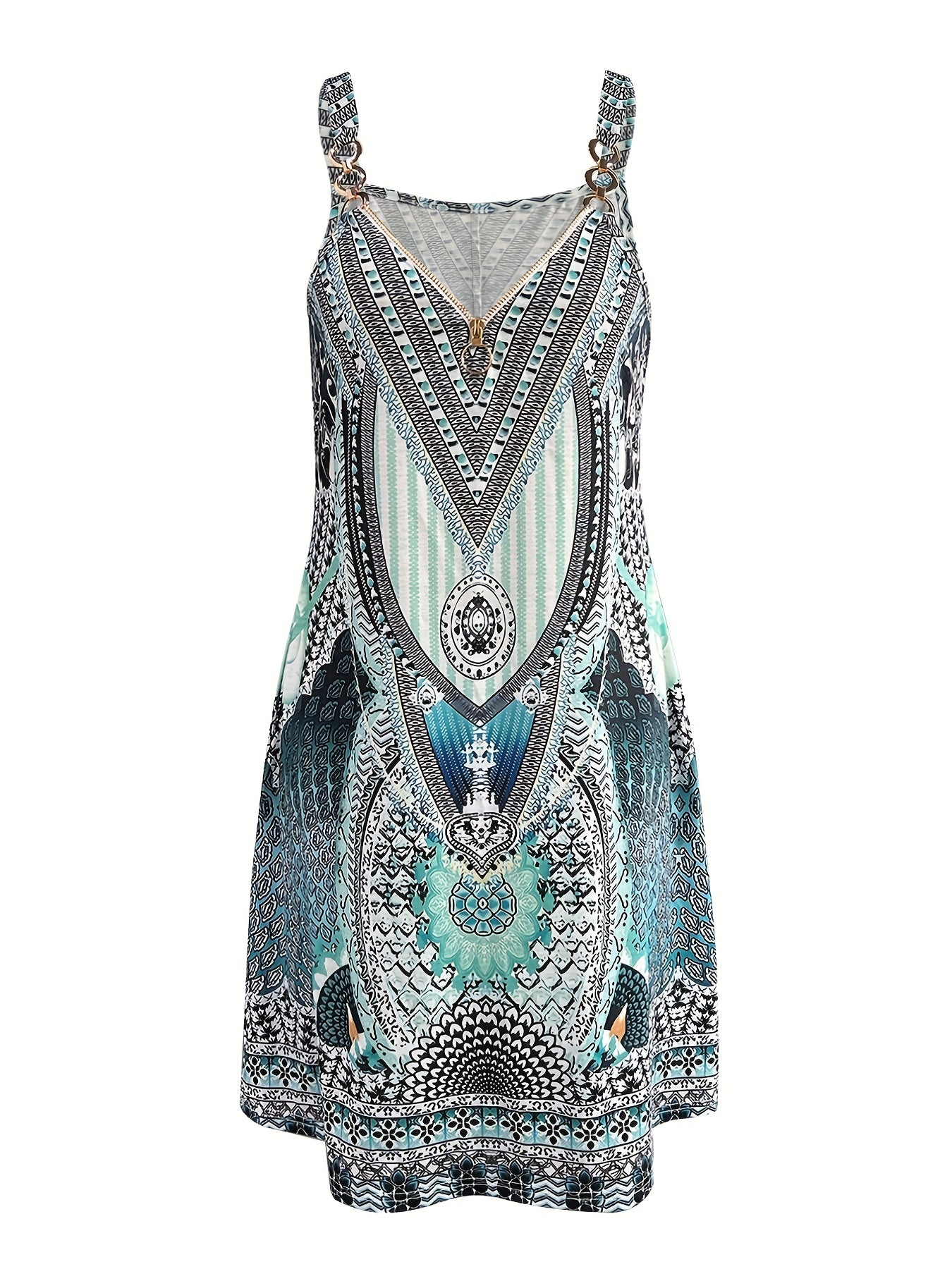Boho Style V Neck Cami Dress Sleeveless All Over Print Dress