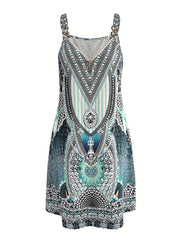 Boho Style V Neck Cami Dress Sleeveless All Over Print Dress