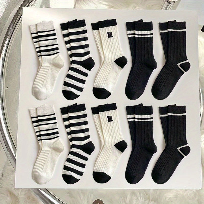 10 Pairs Striped Crew Socks for Women
