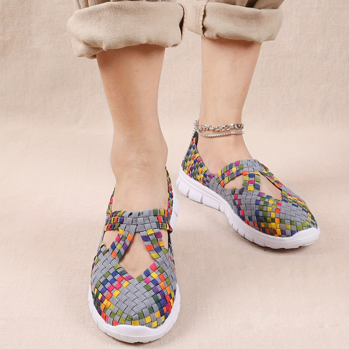 Women's Colorful Braided Slip On Sneakers Low Cozy Shoes