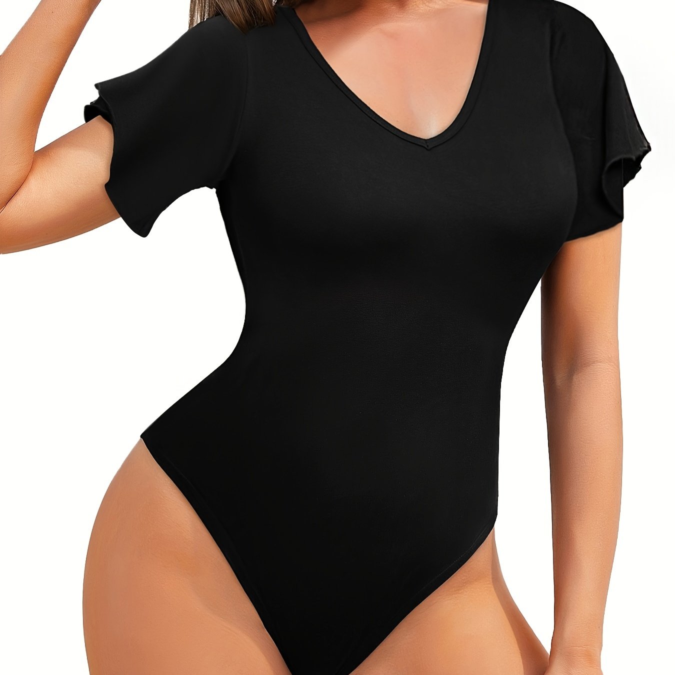 Shaping Bodysuit Ruffle Sleeve V-Neck Tummy Control Body Shaper