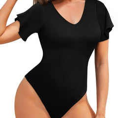 Shaping Bodysuit Ruffle Sleeve V-Neck Tummy Control Body Shaper