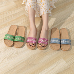 Women's Geometric Pattern Linen Slides Open Toe Flat Shoes