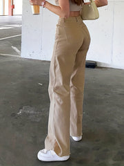 High Waist Straight Jeans Slash Pockets High Rise Wide Leg Denim Pants